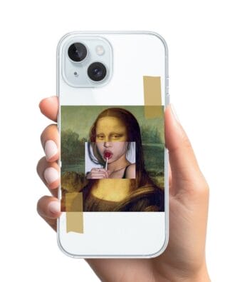 Etui do iPhone 15 Plus przeźroczyste, silikonowe Flexi, Mona Lisa z lizakiem