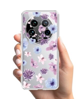 Etui do Xiaomi 14 Ultra przeźroczyste, silikonowe Flexi, kwiatki niebieskie, fioletowe