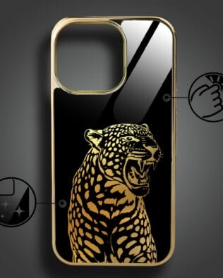 Etui do iPhone 16 Pro Max IBIZU Elite Glass z MagSafe, szklany tył, Golden Midnight, Ryczący Jaguar, złote