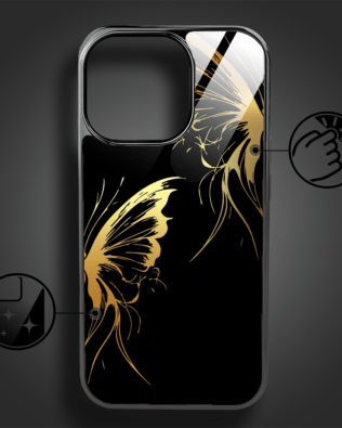 Etui do iPhone 16 Pro IBIZU Elite Glass z MagSafe, szklany tył, Golden Midnight, Skrzydła motyla, czarne