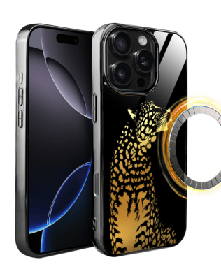 Etui do iPhone 16 Pro Max IBIZU Elite Glass z MagSafe, szklany tył, Golden Midnight, Lampart, czarne