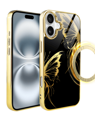 Etui do iPhone 16 Plus IBIZU Elite Glass z MagSafe, szklany tył, Golden Midnight, Skrzydła motyla, złote