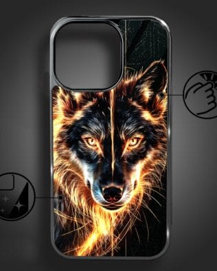 Etui do iPhone 16 Pro IBIZU Elite Glass z MagSafe, szklany tył, ognisty wilk, czarny chrom