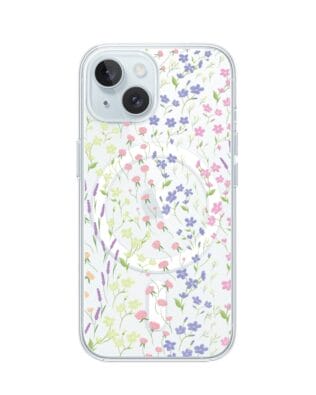 Etui do iPhone 15 Plus z MagSafe przeźroczyste, silikonowe Flexi, kwiaty polne