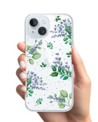 Etui do iPhone 15 Plus przeźroczyste, silikonowe Flexi, fioletowe kwiatki