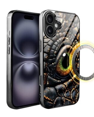 Etui do iPhone 16 Plus IBIZU Elite Glass z MagSafe, szklany tył, amber dragon, czarny chrom