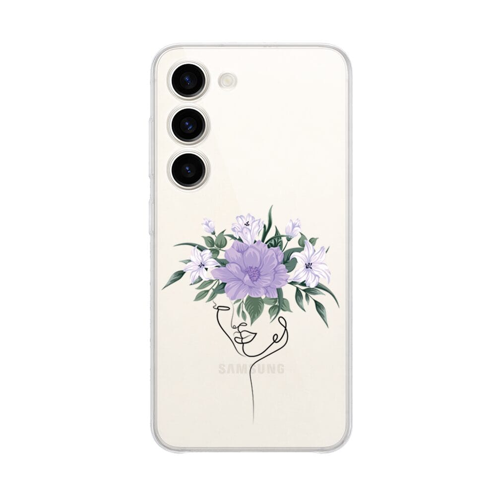 Etui do Samsung Galaxy S23 przeźroczyste, silikonowe Flexi, kobieta z kwiatami (1)