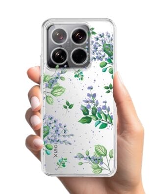 Etui do Xiaomi 14 Pro przeźroczyste, silikonowe Flexi, fioletowe kwiatki