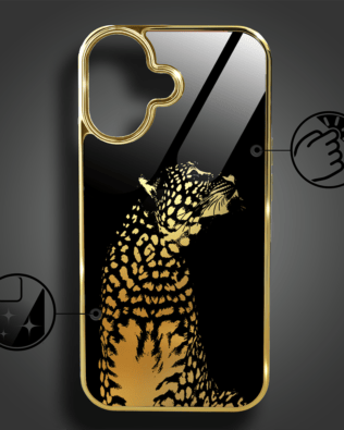 Etui do iPhone 16 Plus IBIZU Elite Glass z MagSafe, szklany tył, Golden Midnight, Lampart, złote