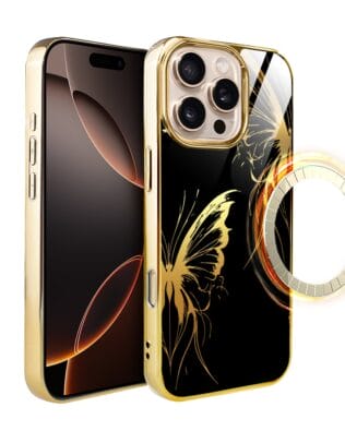 Etui do iPhone 16 Pro IBIZU Elite Glass z MagSafe, szklany tył, Golden Midnight, Skrzydła motyla, złote