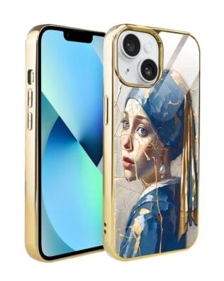 Etui do iPhone 13 IBIZU Elite Glass, szklany tył, Kintsugi Art, kobieta z perłą, złote