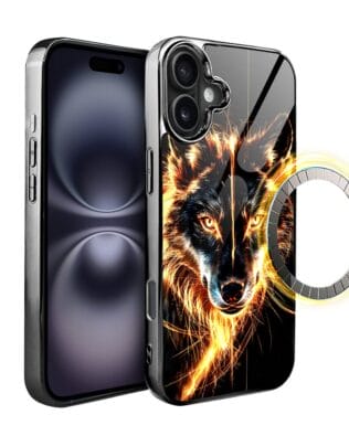 Etui do iPhone 16 IBIZU Elite Glass z MagSafe, szklany tył, ognisty wilk, czarny chrom