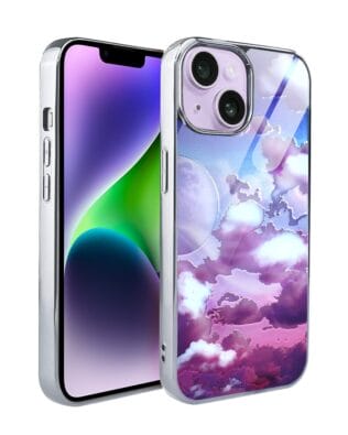 Etui do iPhone 14 IBIZU Elite Glass, szklany tył, chmurki i księżyc, srebrne