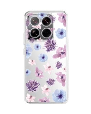 Etui do Xiaomi 14 przeźroczyste, silikonowe Flexi, kwiatki niebieskie, fioletowe
