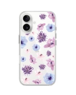 Etui do iPhone 16 przeźroczyste, silikonowe Flexi, kwiatki niebieskie, fioletowe