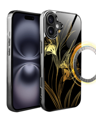 Etui do iPhone 16 IBIZU Elite Glass z MagSafe, szklany tył, Golden Midnight, Królewskie irysy, czarne