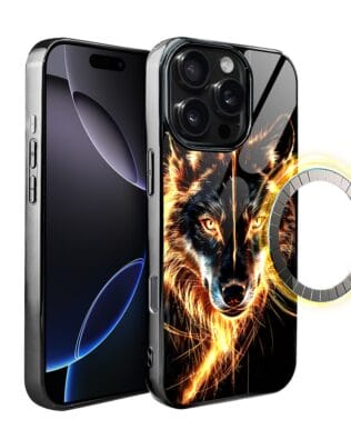 Etui do iPhone 16 Pro IBIZU Elite Glass z MagSafe, szklany tył, ognisty wilk, czarny chrom