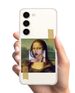 Etui do Samsung Galaxy S23 przeźroczyste, silikonowe Flexi, Mona Lisa z lizakiem