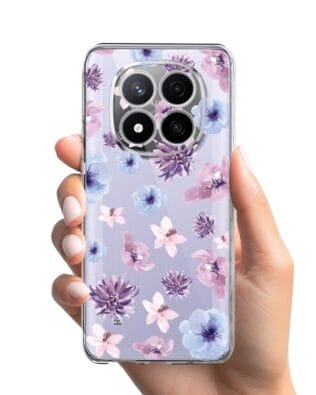 Etui do Xiaomi Redmi Note 14 Pro Plus 5G przeźroczyste, silikonowe Flexi, kwiatki niebieskie, fioletowe