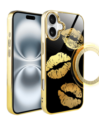 Etui do iPhone 16 Plus IBIZU Elite Glass z MagSafe, szklany tył, Golden Midnight, Usta, złote
