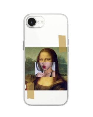 Etui do iPhone 16e przeźroczyste, silikonowe Flexi, Mona Lisa z lizakiem