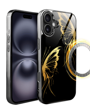 Etui do iPhone 16 IBIZU Elite Glass z MagSafe, szklany tył, Golden Midnight, Skrzydła motyla, czarne
