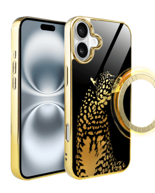 Etui do iPhone 16 Plus IBIZU Elite Glass z MagSafe, szklany tył, Golden Midnight, Lampart, złote