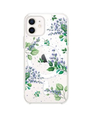 Etui do iPhone 12 Mini z MagSafe przeźroczyste, silikonowe Flexi, fioletowe kwiatki