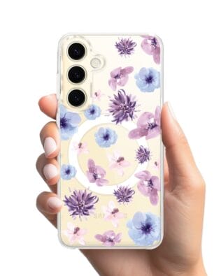 Etui do Samsung Galaxy S24 z MagSafe przeźroczyste, silikonowe Flexi, kwiatki niebieskie, fioletowe