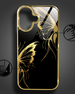 Etui do iPhone 16 Plus IBIZU Elite Glass z MagSafe, szklany tył, Golden Midnight, Skrzydła motyla, złote