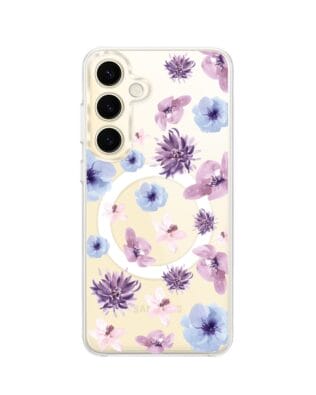 Etui do Samsung Galaxy S24 Plus z MagSafe przeźroczyste, silikonowe Flexi, kwiatki niebieskie, fioletowe