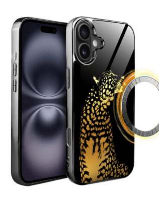 Etui do iPhone 16 IBIZU Elite Glass z MagSafe, szklany tył, Golden Midnight, Lampart, czarne