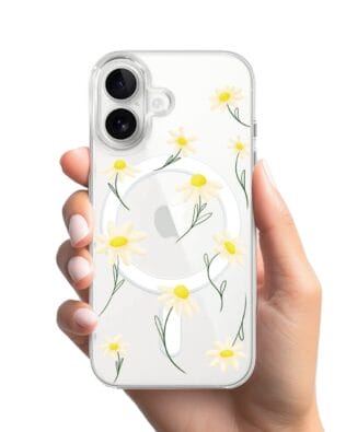 Etui do iPhone 16 Plus z MagSafe przeźroczyste, silikonowe Flexi, stokrotki
