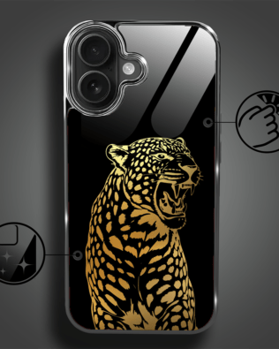 Etui do iPhone 16 Plus IBIZU Elite Glass z MagSafe, szklany tył, Golden Midnight, Ryczący Jaguar, czarne