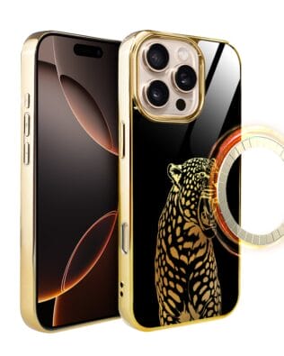 Etui do iPhone 16 Pro IBIZU Elite Glass z MagSafe, szklany tył, Golden Midnight, Ryczący Jaguar, złote