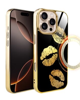 Etui do iPhone 16 Pro Max IBIZU Elite Glass z MagSafe, szklany tył, Golden Midnight, Usta, złote