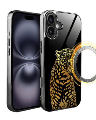 Etui do iPhone 16 IBIZU Elite Glass z MagSafe, szklany tył, Golden Midnight, Ryczący Jaguar, czarne