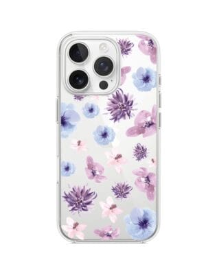 Etui do iPhone 16 Pro Max przeźroczyste, silikonowe Flexi, kwiatki niebieskie, fioletowe