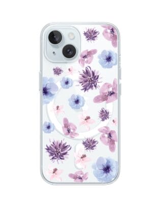 Etui do iPhone 15 z MagSafe przeźroczyste, silikonowe Flexi, kwiatki niebieskie, fioletowe