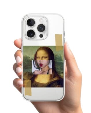 Etui do iPhone 16 Pro przeźroczyste, silikonowe Flexi, Mona Lisa z lizakiem