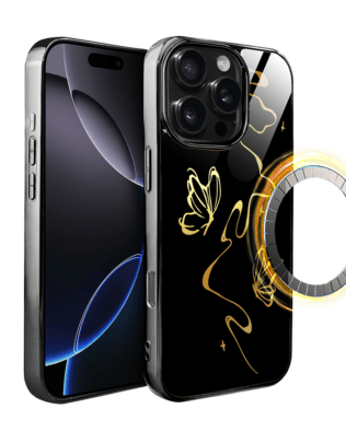 Etui do iPhone 16 Pro Max IBIZU Elite Glass z MagSafe, szklany tył, Golden Midnight, Efekt motyla, czarne