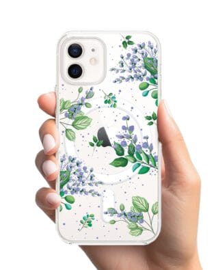 Etui do iPhone 12 z MagSafe przeźroczyste, silikonowe Flexi, fioletowe kwiatki