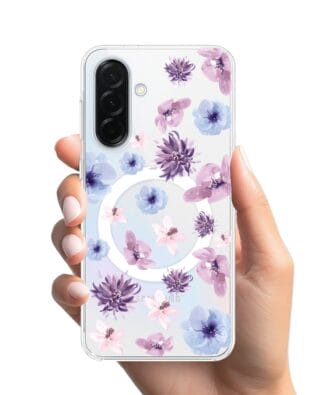Etui do Samsung Galaxy A36 5G z MagSafe przeźroczyste, silikonowe Flexi, kwiatki niebieskie, fioletowe