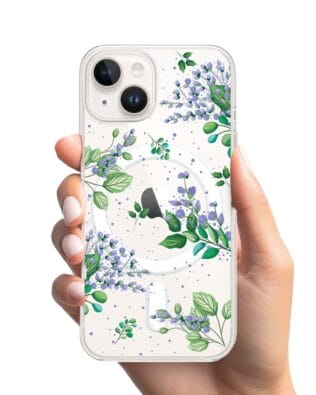 Etui do iPhone 14 Plus z MagSafe przeźroczyste, silikonowe Flexi, fioletowe kwiatki