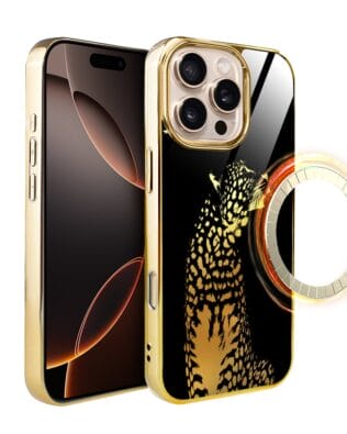 Etui do iPhone 16 Pro Max IBIZU Elite Glass z MagSafe, szklany tył, Golden Midnight, Lampart, złote