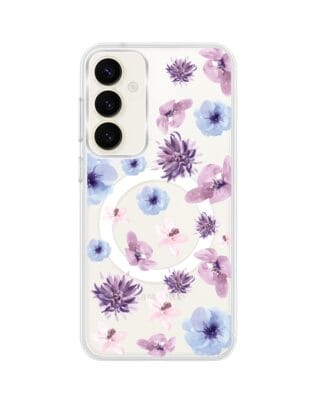 Etui do Samsung Galaxy S23 FE 5G z MagSafe przeźroczyste, silikonowe Flexi, kwiatki niebieskie, fioletowe