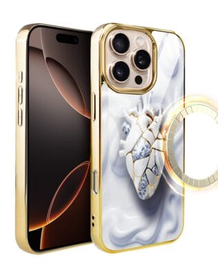 Etui do iPhone 16 Pro IBIZU Elite Glass z MagSafe, Kintsugi Art, porcelanowe serce, złote