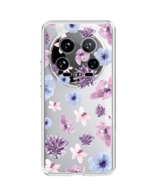 Etui do Xiaomi 14 Ultra przeźroczyste, silikonowe Flexi, kwiatki niebieskie, fioletowe