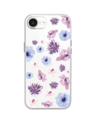 Etui do iPhone 16e przeźroczyste, silikonowe Flexi, kwiatki niebieskie, fioletowe