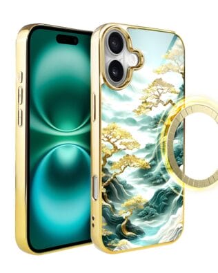 Etui do iPhone 16 IBIZU Elite Glass z MagSafe, szklany tył, złote drzewa w stylu japońskim, złote